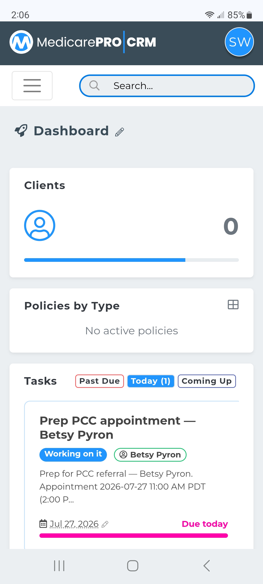MedicarePRO CRM dashboard showing a PCC appointment and prep task for the referred patient